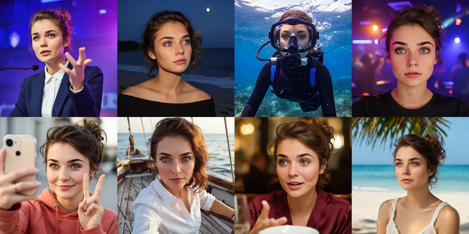 Image 1: A grid of 8 images showing the same character in different scenes
